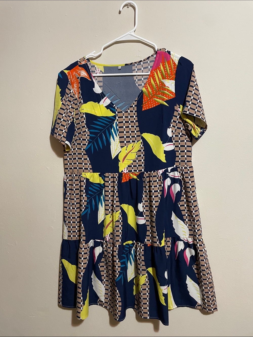 Navy Tropical Leaf Tiered V-Neck Dress